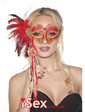 Игривая маска с декором из перьев и ленточек Red/Gold Hand Held Stick Mask