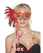  Игривая маска с декором из перьев и ленточек Red/Gold Hand Held Stick Mask фото 3048745904
