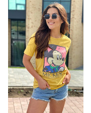  Хлопковая футболка женская с принтом Микки и надписью LUREX - горчичный цвет, S (есть размеры) фото 79277098