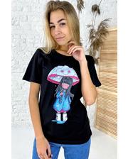  Милая хлопковая футболка с принтом девочка зонтик LUREX - черный цвет, S (есть размеры) фото 781175700