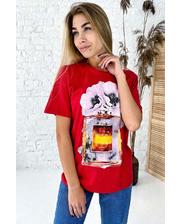  Фешенебельная футболка с принтом парфюм и цветы LUREX - красный цвет, S (есть размеры) фото 862635065
