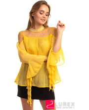 Шифоновая блуза в плиссе Hello Kiss! - желтый цвет, S (есть размеры) фото 1899150495