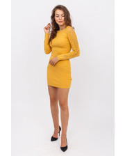  Приталенное платье с оригинальным рукавом LUREX - горчичный цвет, S/M (есть размеры) фото 406382043