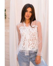  Прозрачная блуза с кружевом GLAM AMOUR - белый цвет, S/M (есть размеры) фото 2573097320