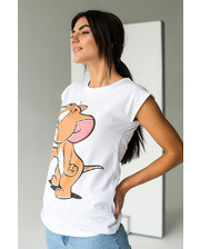  Женская коттоновая футболка с рисунком в стиле Pop-Art LUREX - белый цвет, M (есть размеры) фото 245485231