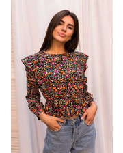  Оригинальная укороченная блуза с рюшами и цветочным принтом Crep - розовый цвет, L (есть размеры) фото 2602429620