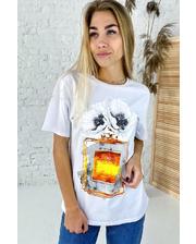  Фешенебельная футболка с принтом парфюм и цветы LUREX - белый цвет, S (есть размеры) фото 1998944181